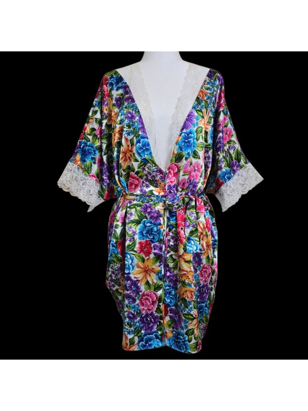 VTG Delicates Womens Colorful Floral Satin Lace Belted Lounge Kimono Robe Medium